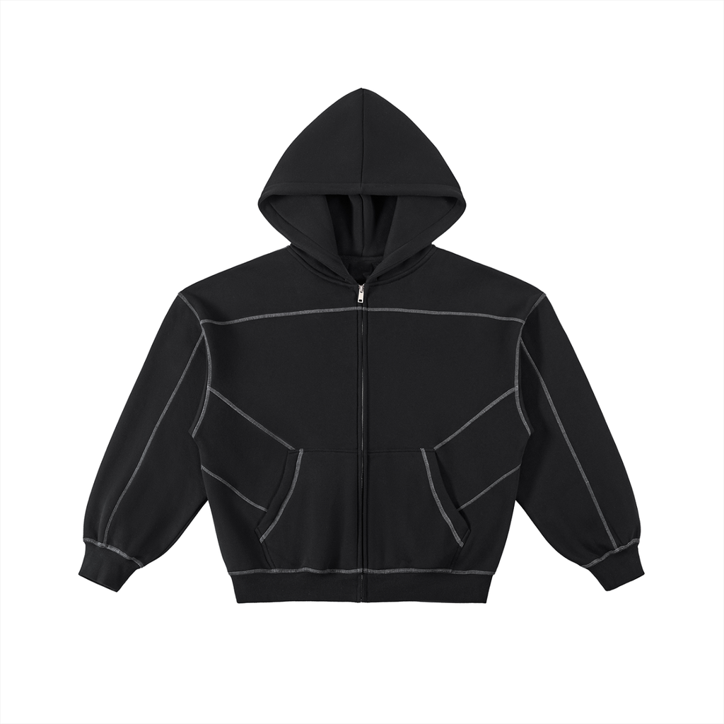 Aurian Contrast-Stitched Boxy Fleece Zip Hoodie
