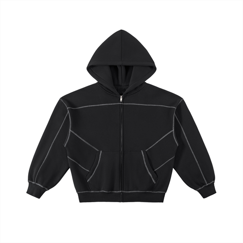 Aurian Contrast-Stitched Boxy Fleece Zip Hoodie