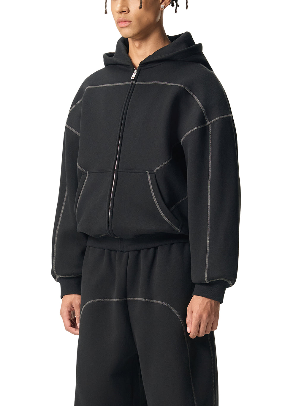 Aurian Contrast-Stitched Boxy Fleece Zip Hoodie