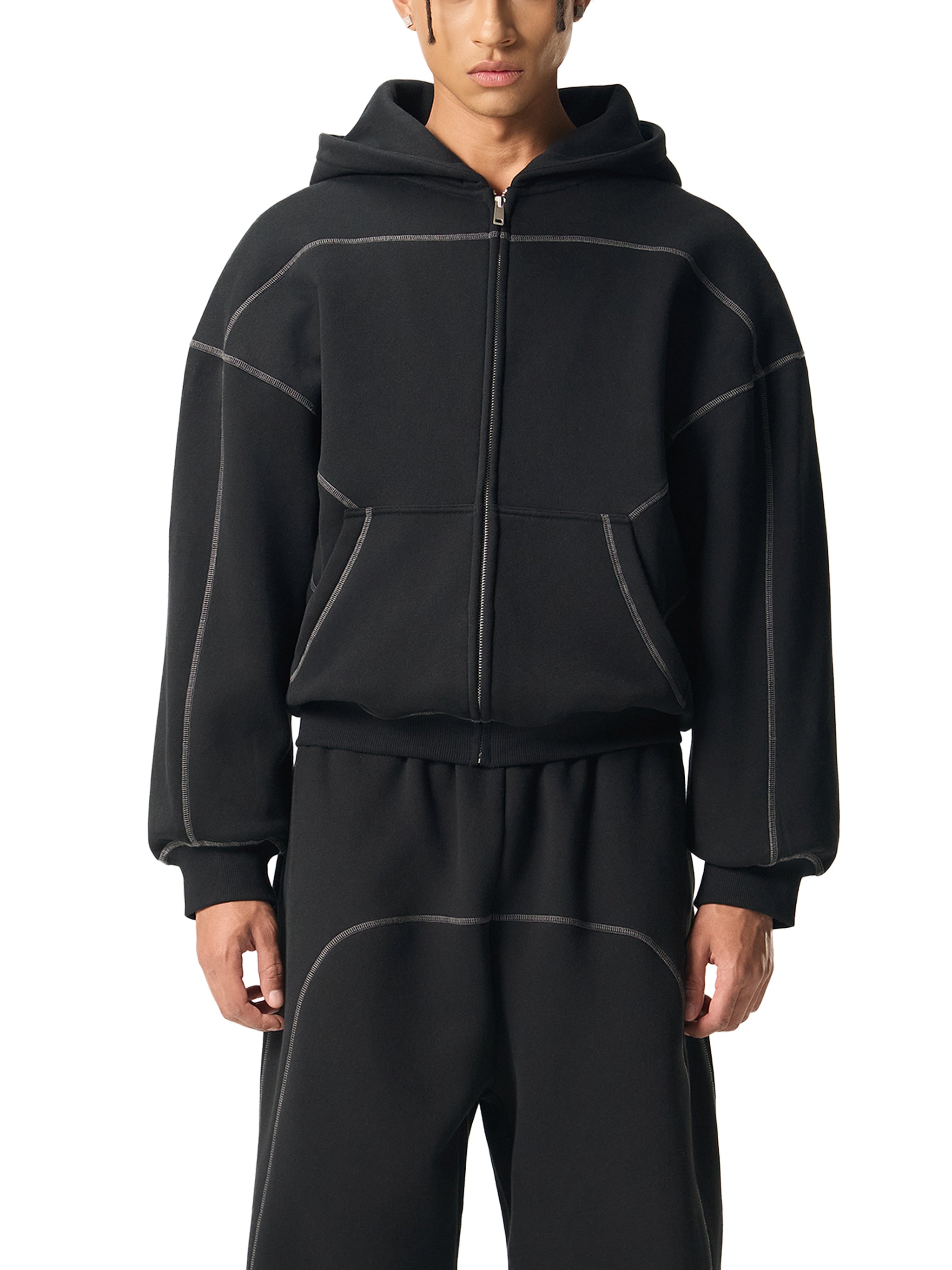 Aurian Contrast-Stitched Boxy Fleece Zip Hoodie
