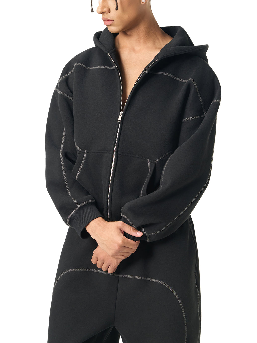 Aurian Contrast-Stitched Boxy Fleece Zip Hoodie